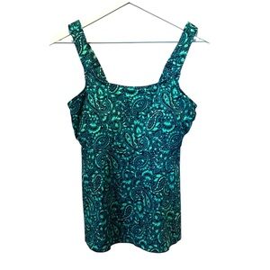 New Lands’ End Women’s Tankini Top Paisley Green Navy Blue Small DDD NWT